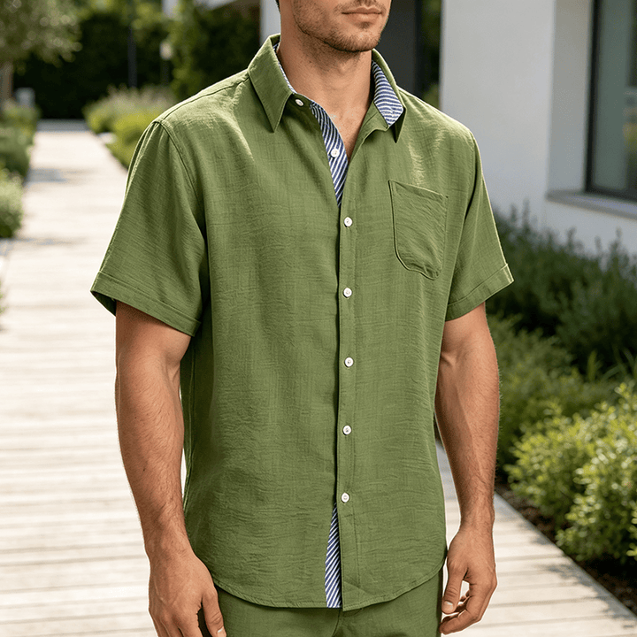 Men's Contrast Striped Inner Pocket Casual Summer Casual Shirts - Army Green - 3XL - image 6