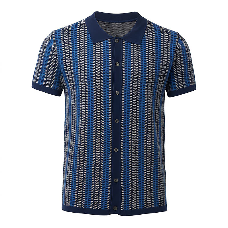 Men's Vertical Chevron Stripe Jacquard Breathable Polo Knitted Shirt - image 13