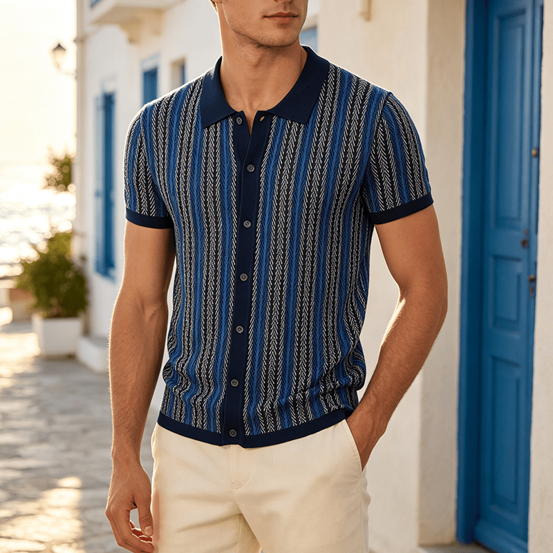 Men's Vertical Chevron Stripe Jacquard Breathable Polo Knitted Shirt - Navy Blue - 3XL - image 0