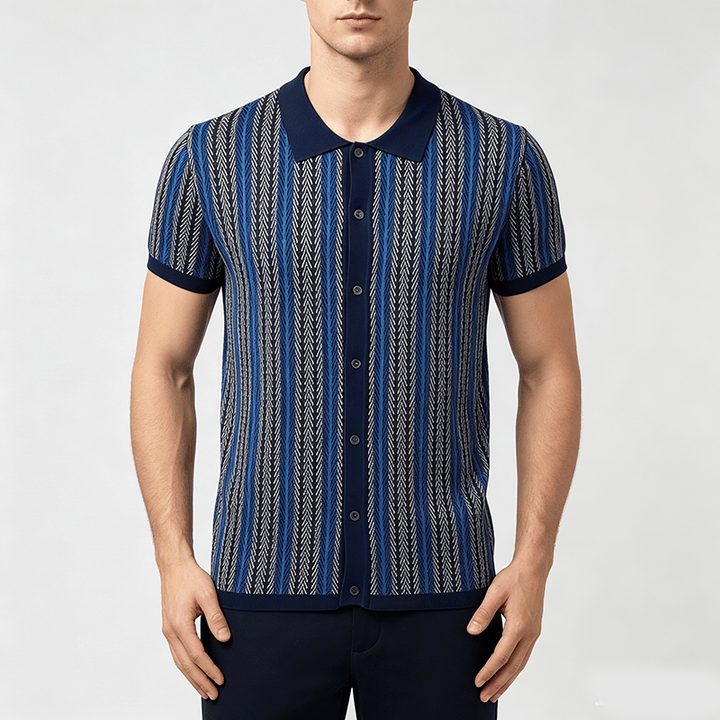 Men's Vertical Chevron Stripe Jacquard Breathable Polo Knitted Shirt - image 1