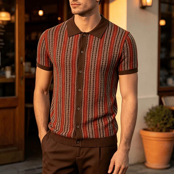 Men's Vertical Chevron Stripe Jacquard Breathable Polo Knitted Shirt - Red - 3XL - image 5