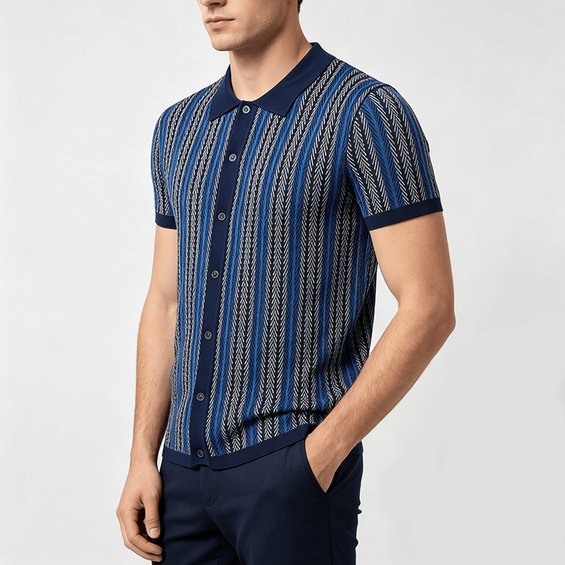 Men's Vertical Chevron Stripe Jacquard Breathable Polo Knitted Shirt - image 2