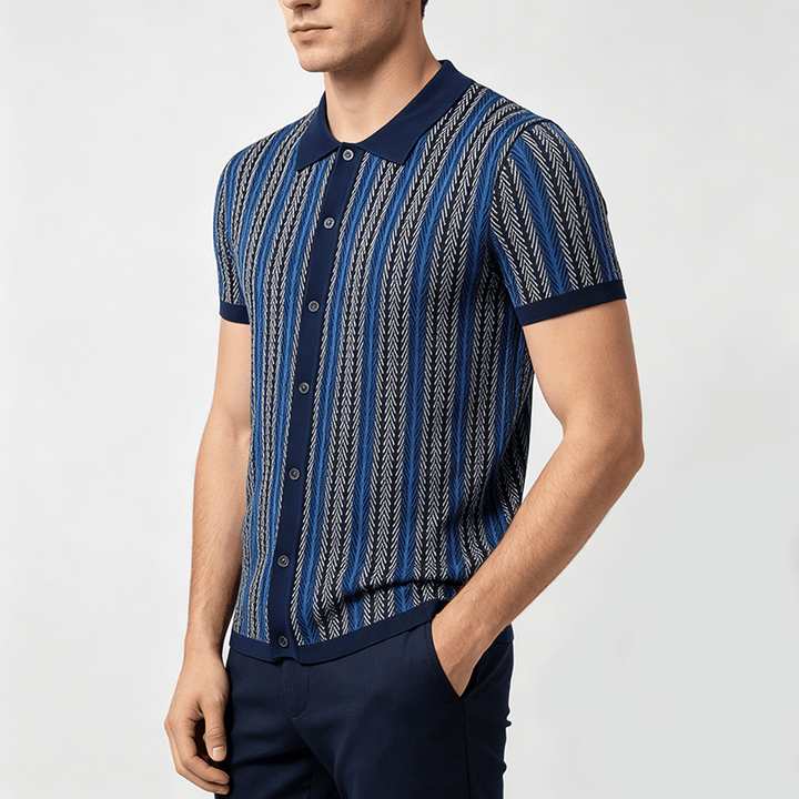 Men's Vertical Chevron Stripe Jacquard Breathable Polo Knitted Shirt - image 2