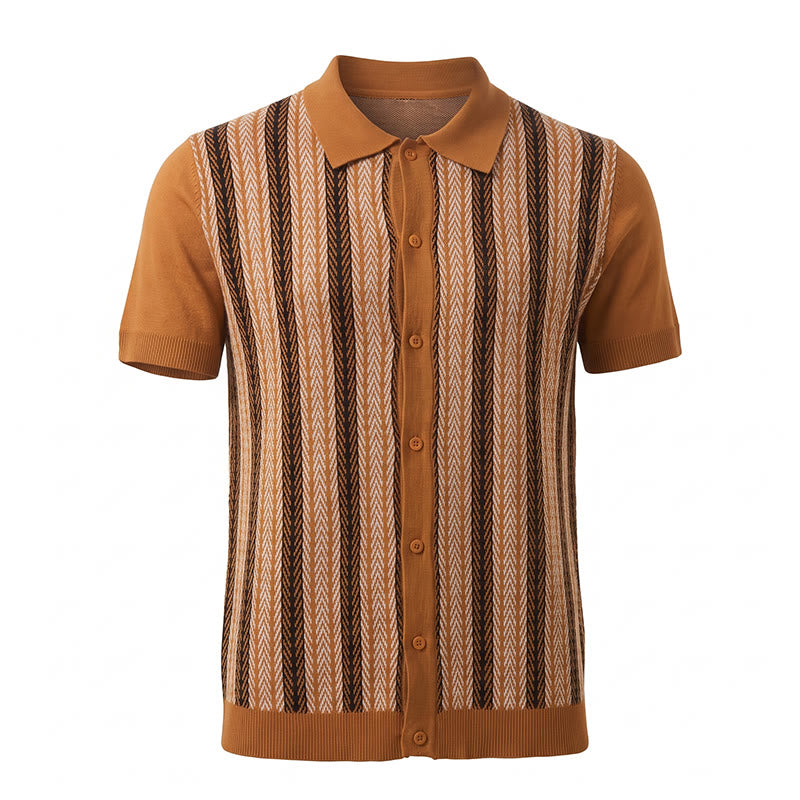 Men's Vintage Summer Block Striped Jacquard Polo Knitted Shirt - image 10