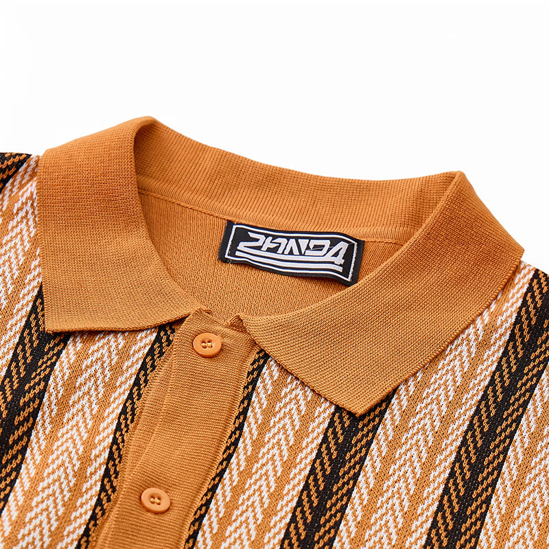 Men's Vintage Summer Block Striped Jacquard Polo Knitted Shirt - image 6