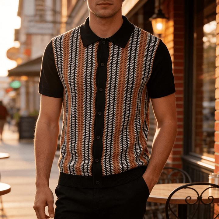 Men's Vintage Summer Block Striped Jacquard Polo Knitted Shirt - Black - 3XL - image 4
