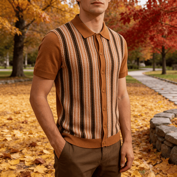 Men's Vintage Summer Block Striped Jacquard Polo Knitted Shirt - Brown - 3XL - image 0