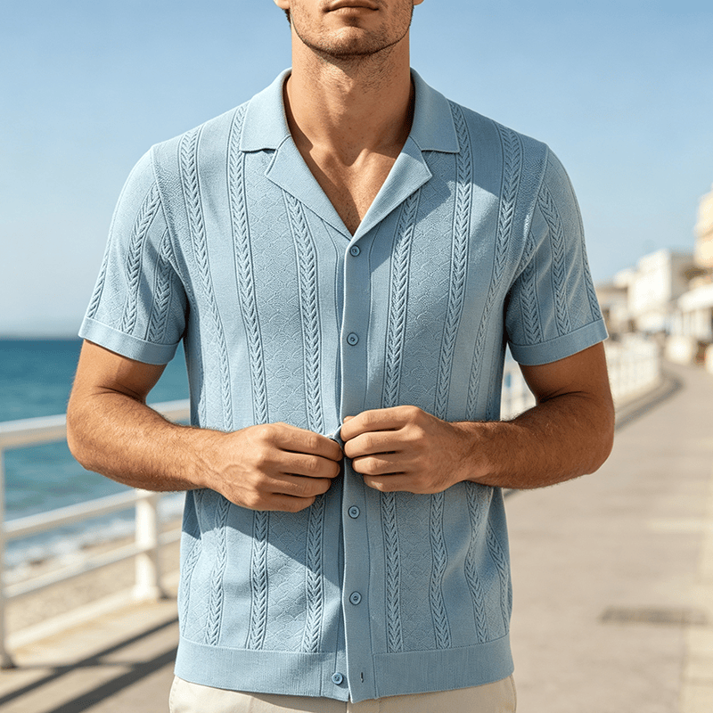 Men's Hollow Chevron Vertical Stripe Cool Summer Casual  Knitted Shirt - Blue - 3XL - image 4