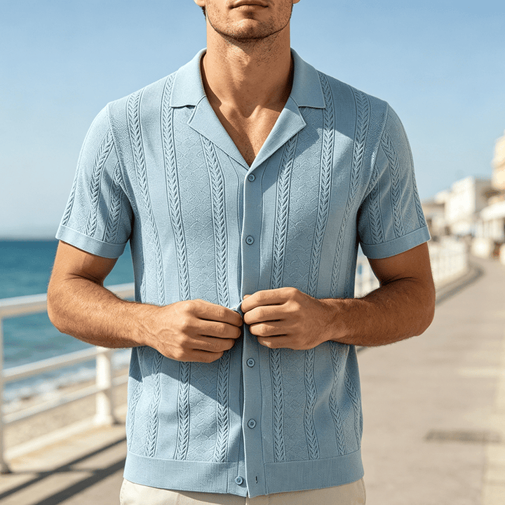 Men's Hollow Chevron Vertical Stripe Cool Summer Casual  Knitted Shirt - Blue - 3XL - image 4