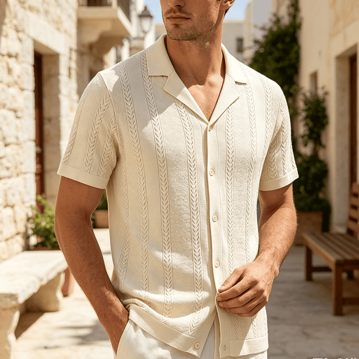 Men's Hollow Chevron Vertical Stripe Cool Summer Casual  Knitted Shirt - Beige - 3XL - image 0