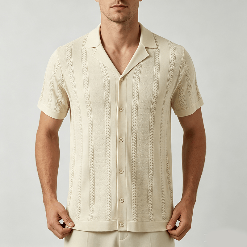 Men's Hollow Chevron Vertical Stripe Cool Summer Casual  Knitted Shirt - image 1