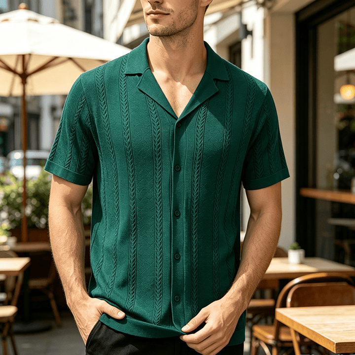 Men's Hollow Chevron Vertical Stripe Cool Summer Casual  Knitted Shirt - Green - 3XL - image 5