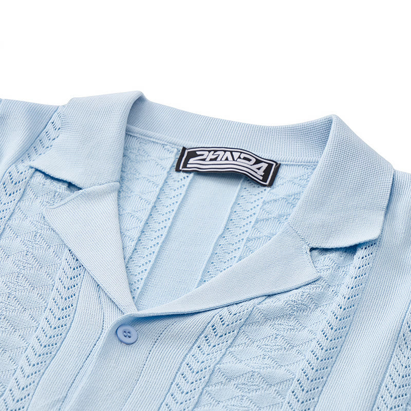 Men's Hollow Chevron Vertical Stripe Cool Summer Casual  Knitted Shirt - image 6
