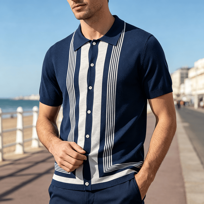 Men's Summer Color Block Spliced Stripe Knitted Shirt - Navy Blue - 3XL - image 5