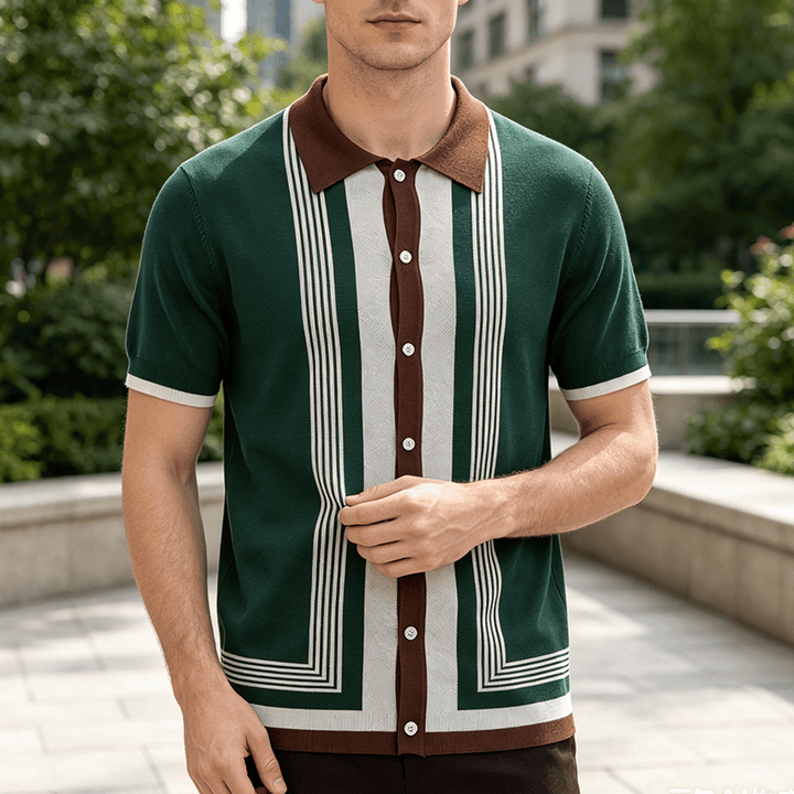 Men's Summer Color Block Spliced Stripe Knitted Shirt - Green - 3XL - image 0