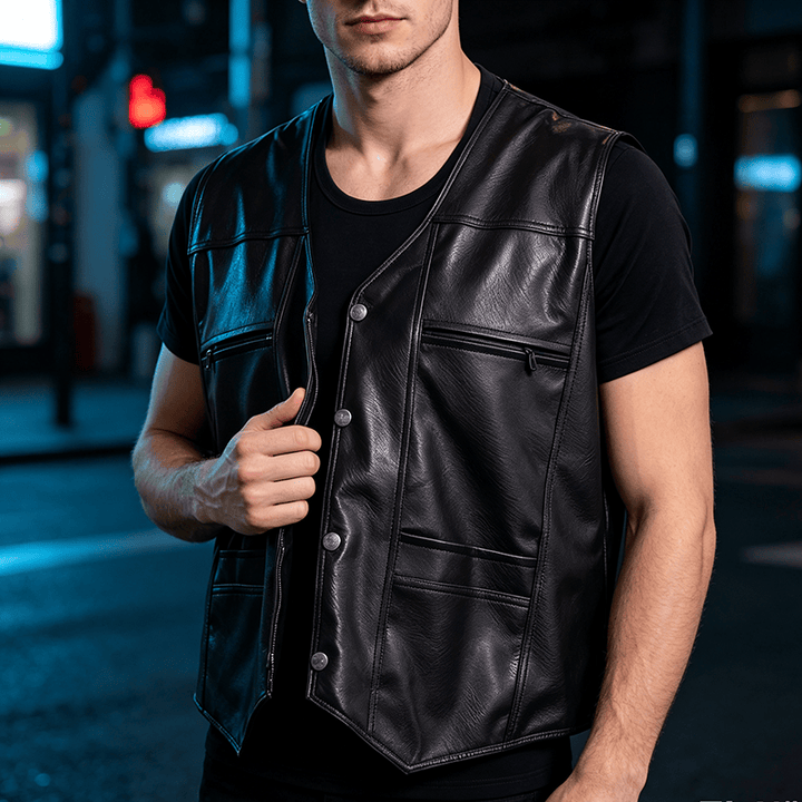 Men's 2 Styles Thick Or Thin With Zip Pockets Leather Vest - Black - 3XL - image 4