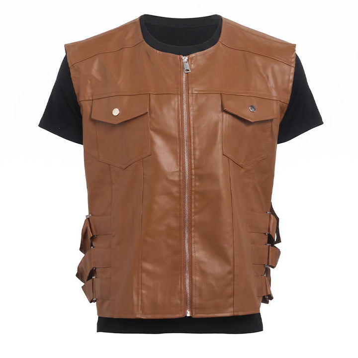Men's Flap Pockets Casual Motorcycle Outerwear Leather Vest - image 10