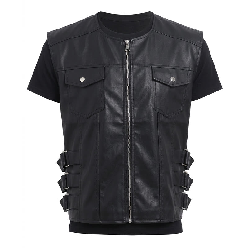 Men's Flap Pockets Casual Motorcycle Outerwear Leather Vest - image 12