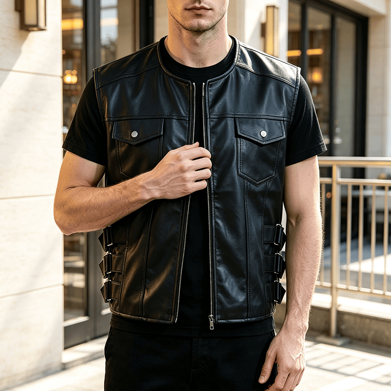 Men's Flap Pockets Casual Motorcycle Outerwear Leather Vest - Black - 5XL - image 4