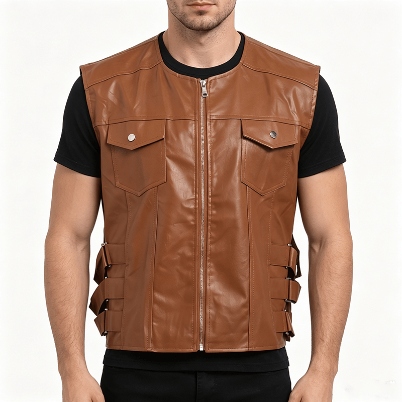 Men's Flap Pockets Casual Motorcycle Outerwear Leather Vest - image 1
