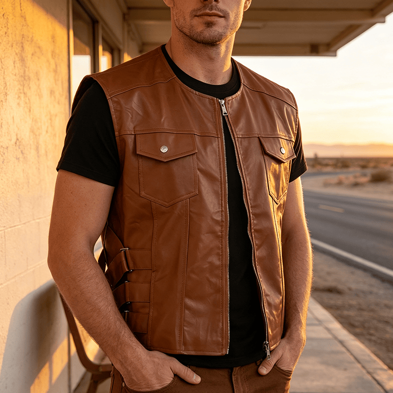 Men's Flap Pockets Casual Motorcycle Outerwear Leather Vest - Brown - 5XL - image 0