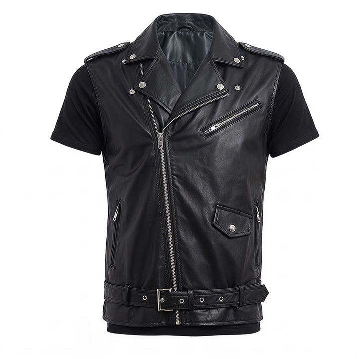 Men's Punk Asymmetric Zipper Lapel Motorcycle Leather Vest - image 13