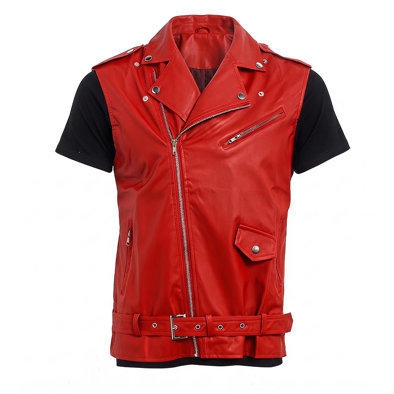 Men's Punk Asymmetric Zipper Lapel Motorcycle Leather Vest - image 14