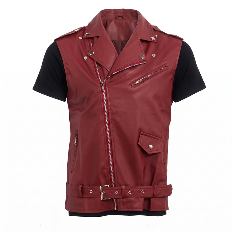 Men's Punk Asymmetric Zipper Lapel Motorcycle Leather Vest - image 11