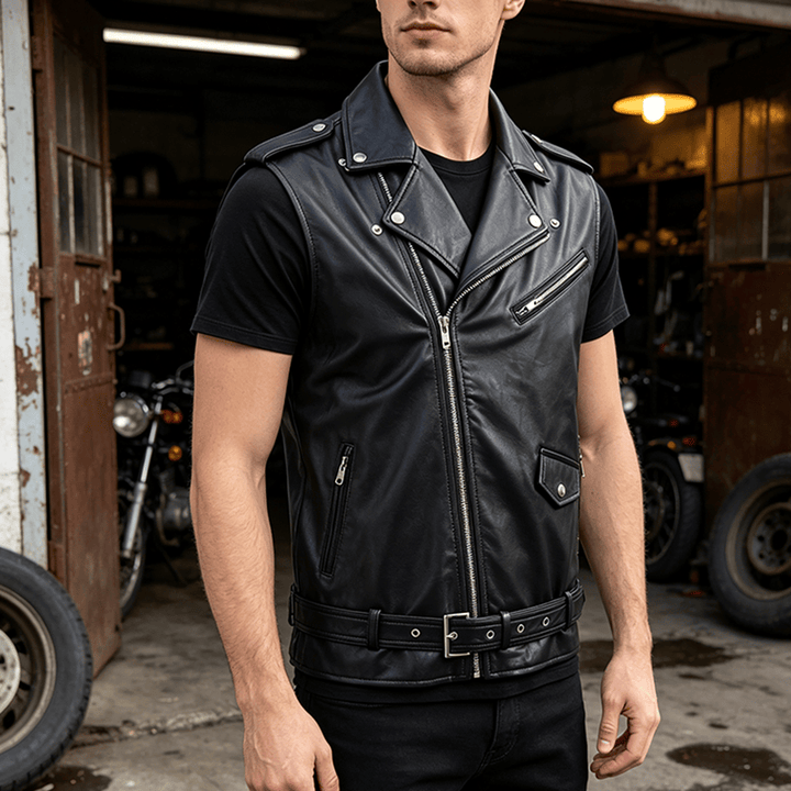 Men's Punk Asymmetric Zipper Lapel Motorcycle Leather Vest - Black - 4XL - image 4