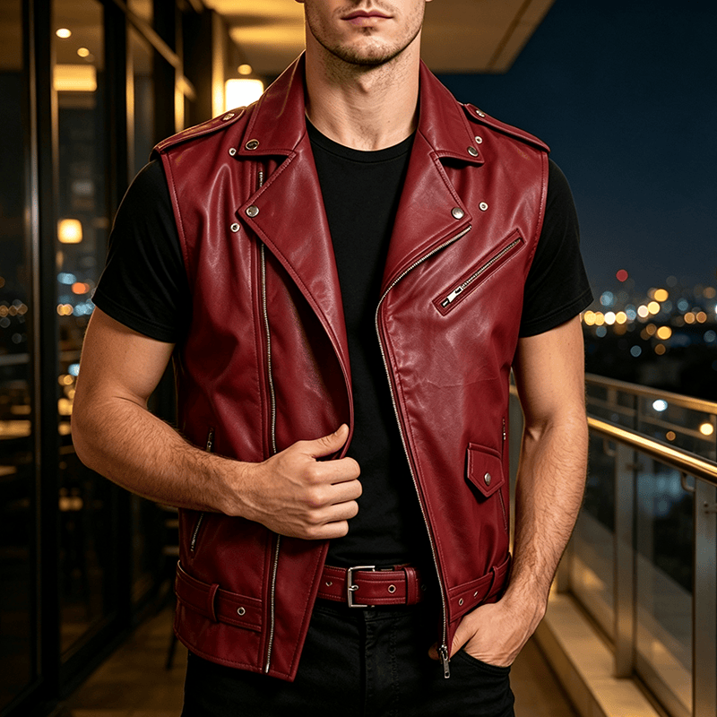 Men's Punk Asymmetric Zipper Lapel Motorcycle Leather Vest - Wine - 4XL - image 0