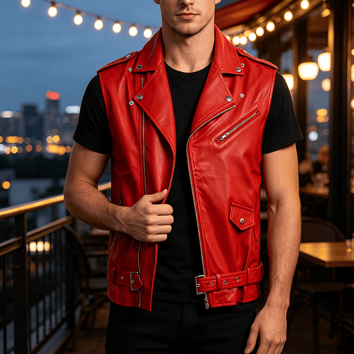 Men's Punk Asymmetric Zipper Lapel Motorcycle Leather Vest - Red - 4XL - image 5