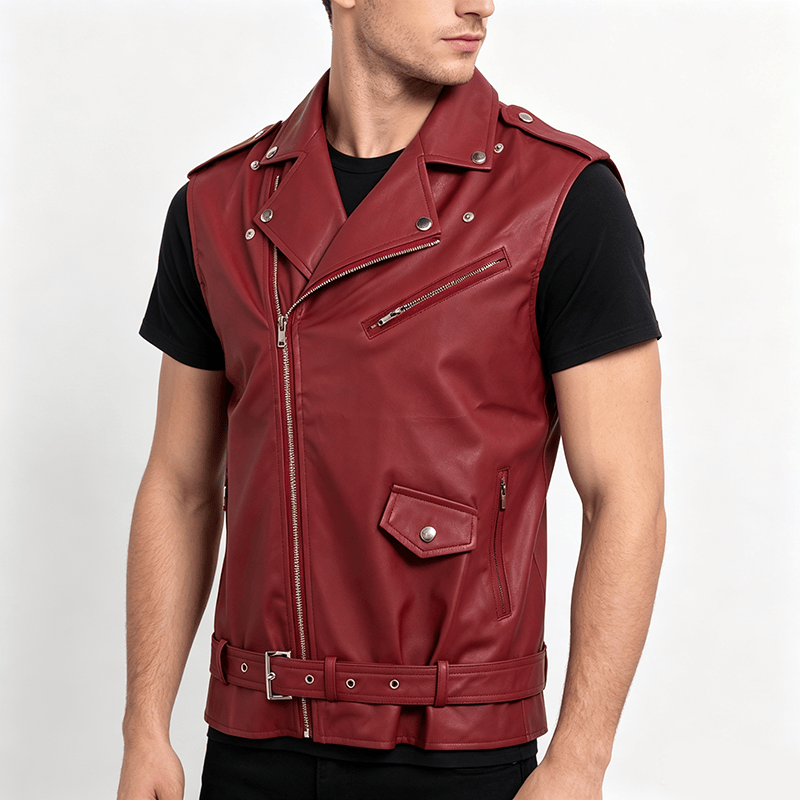 Men's Punk Asymmetric Zipper Lapel Motorcycle Leather Vest - image 2
