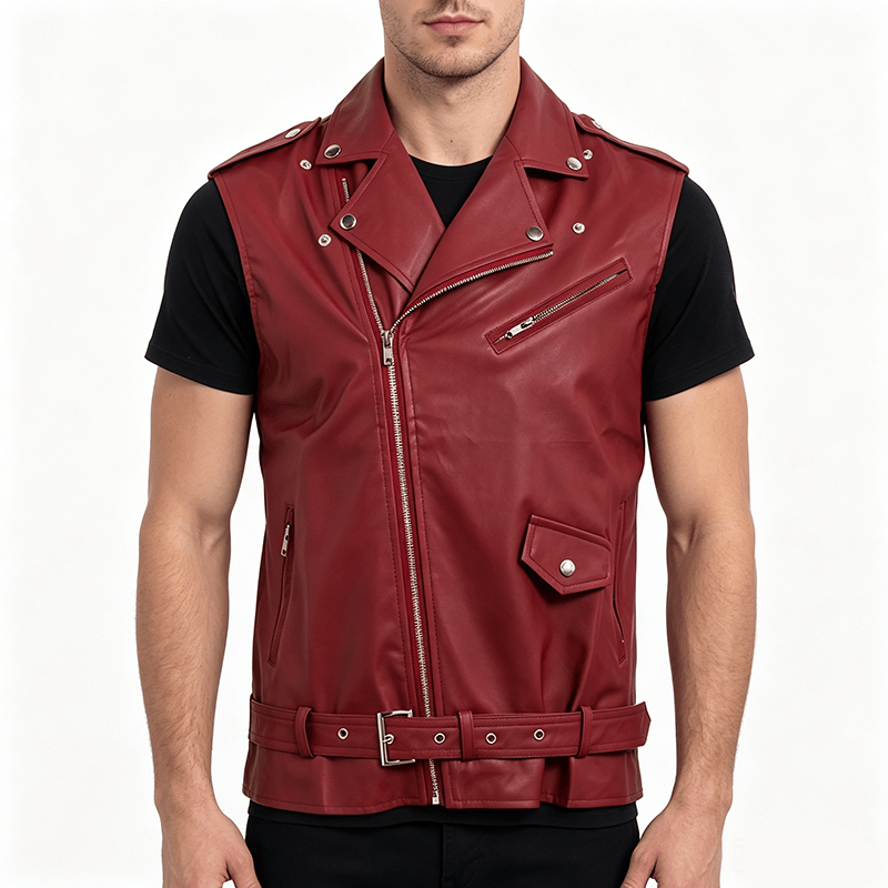 Men's Punk Asymmetric Zipper Lapel Motorcycle Leather Vest - image 1