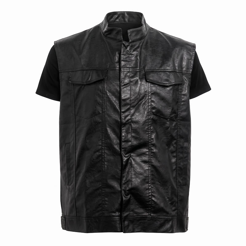Men's Flap Pocket Hip Hop Vintage Motorcycle Solid Black Leather Vest - image 8