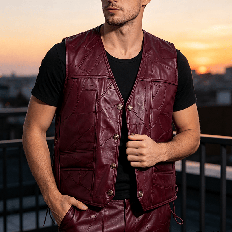 Men's Punk Biker Side Drawstring Motorcycle Leather Vest - Red - 5XL - image 4