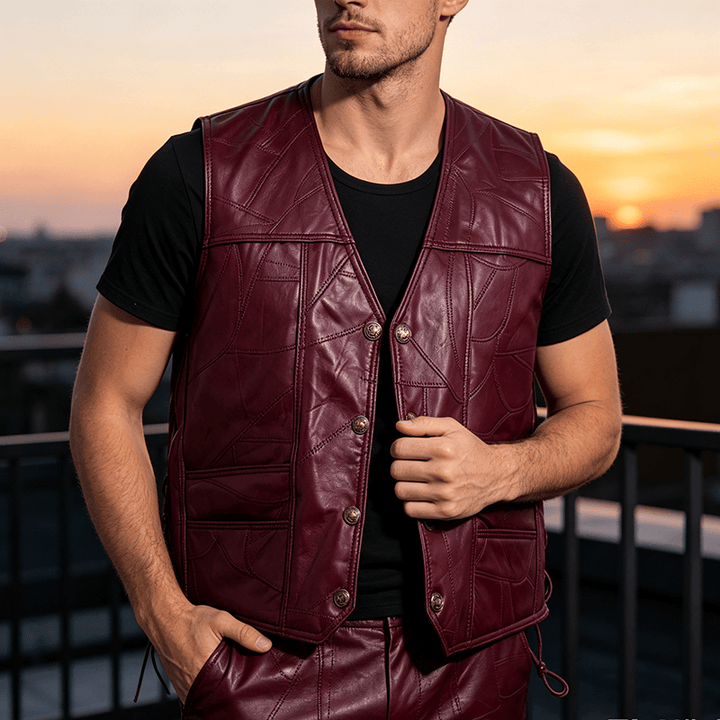 Men's Punk Biker Side Drawstring Motorcycle Leather Vest - Red - 5XL - image 4