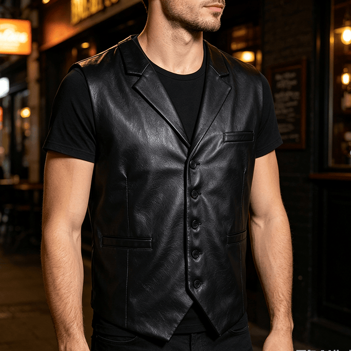 Men's Vintage Western Notch Lapel Suit Leather Vest - Black - 2XL - image 4