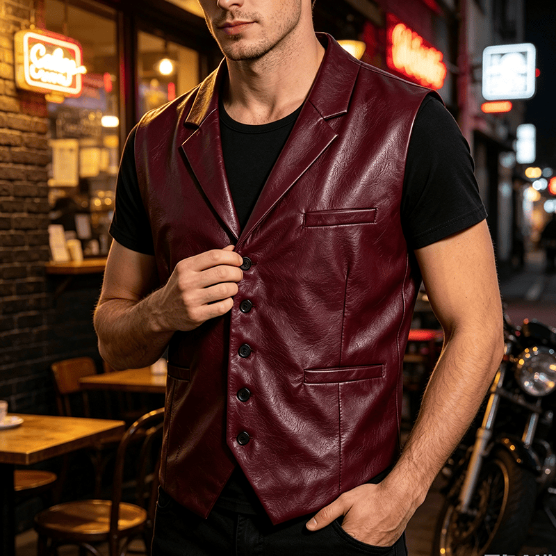 Men's Vintage Western Notch Lapel Suit Leather Vest - Wine - 2XL - image 5