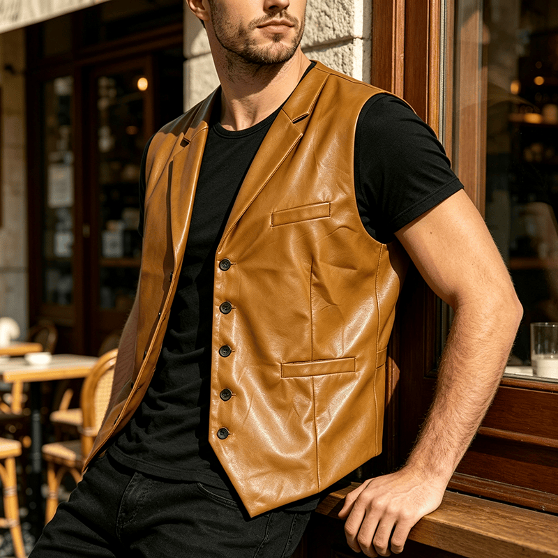 Men's Vintage Western Notch Lapel Suit Leather Vest - Khaki - 2XL - image 0