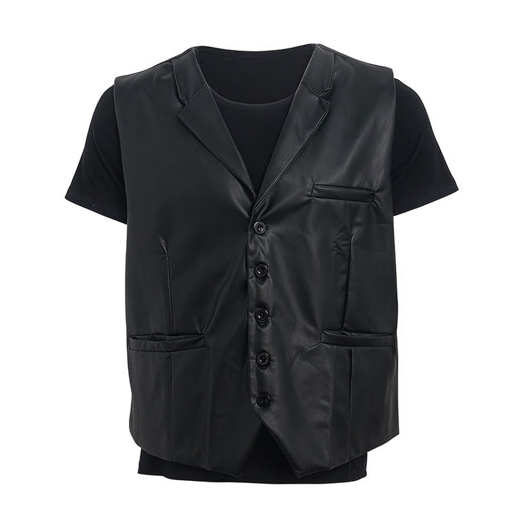 Men's Solid Black Casual Street Leather Vest - image 9