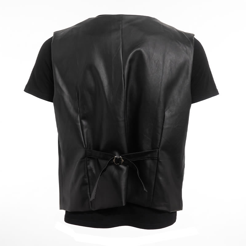 Men's Solid Black Casual Street Leather Vest - image 10