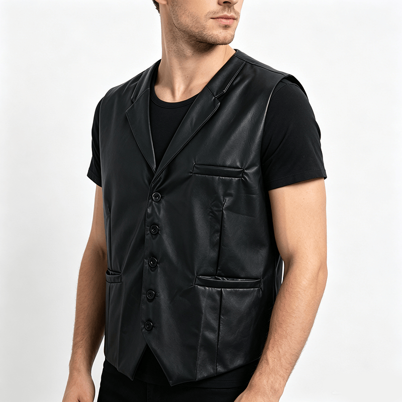 Men's Solid Black Casual Street Leather Vest - image 2