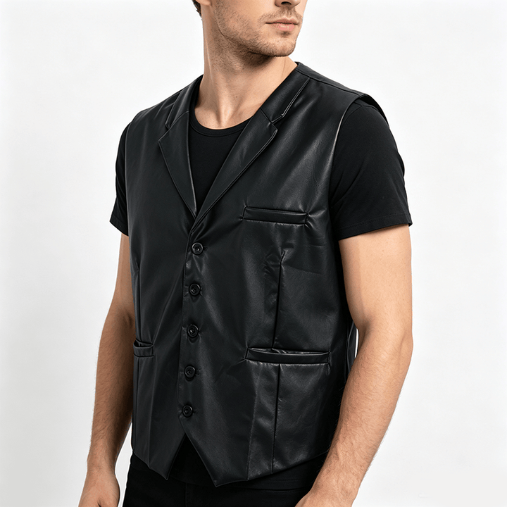 Men's Solid Black Casual Street Leather Vest - image 2