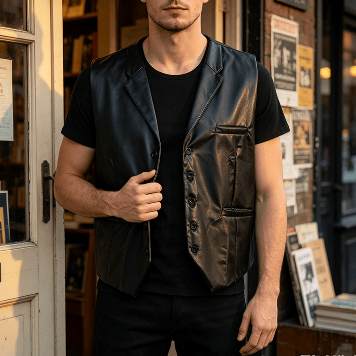 Men's Solid Black Casual Street Leather Vest - Black - 3XL - image 0