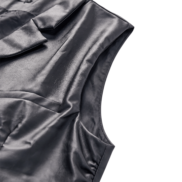 Men's Solid Black Casual Street Leather Vest - image 7