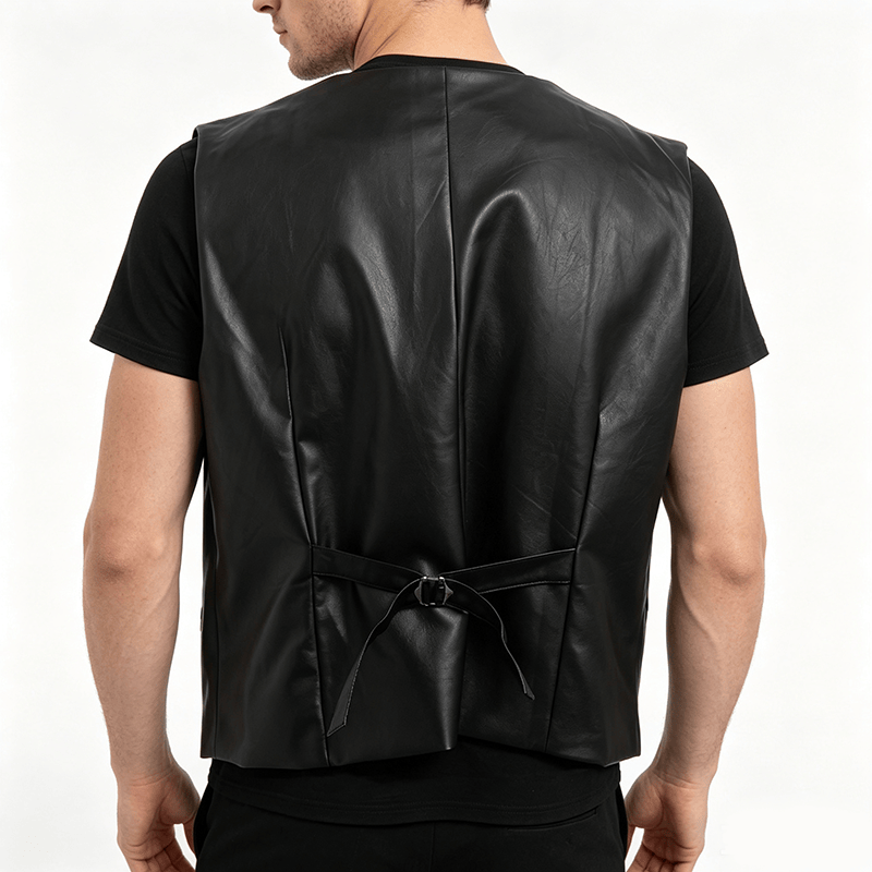 Men's Solid Black Casual Street Leather Vest - image 3