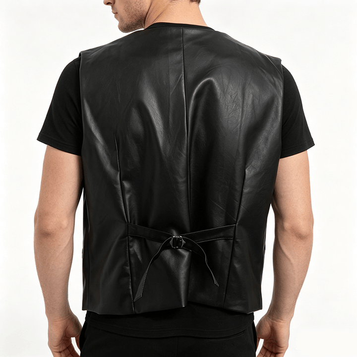 Men's Solid Black Casual Street Leather Vest - image 3