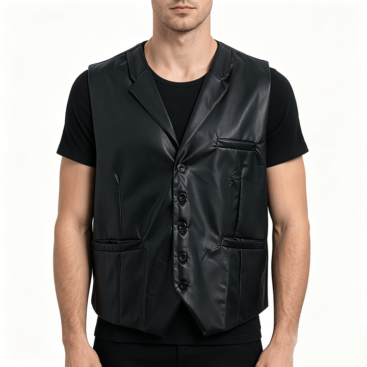 Men's Solid Black Casual Street Leather Vest - image 1