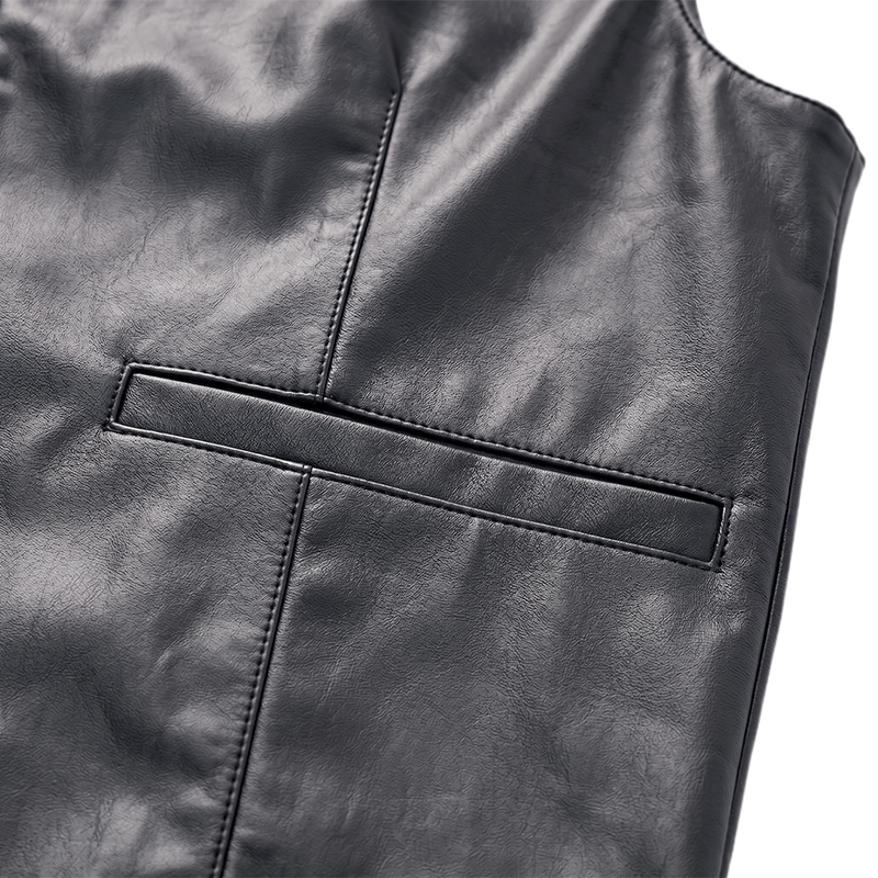 Men's Solid Black Casual Street Leather Vest - image 6