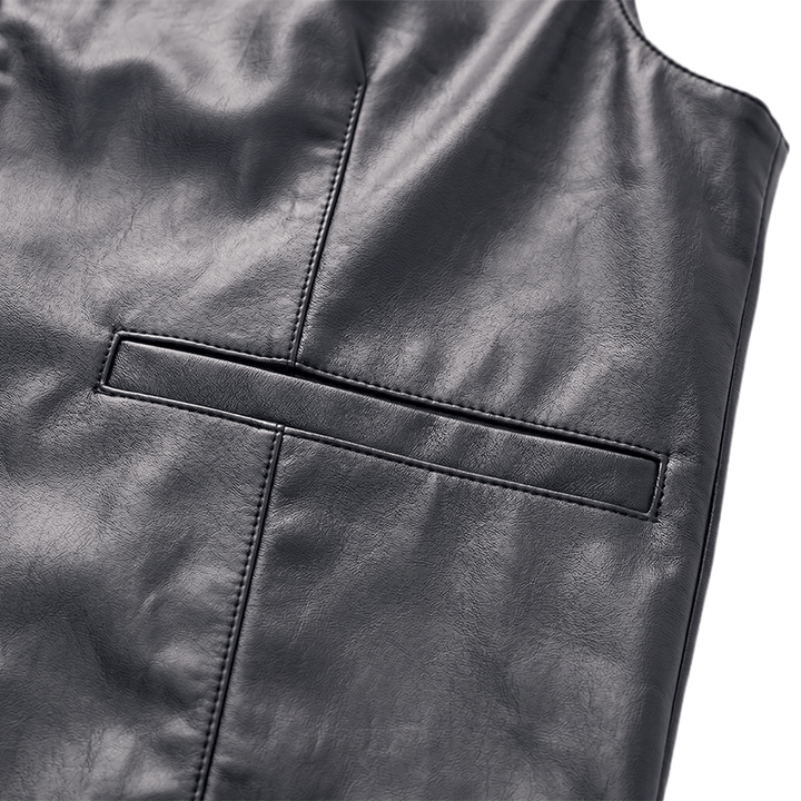 Men's Solid Black Casual Street Leather Vest - image 6